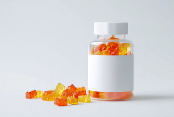 Gummy bear vitamins in bottle isolated on white background