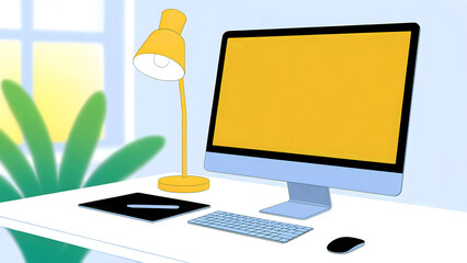 Yellow desk lamp and computer setup with plant and window view monitor keyboard