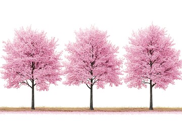 Three cherry blossom trees in full bloom with pink flowers against a white background