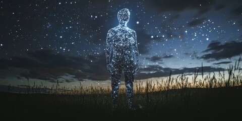 A surreal portrait of a person standing under a starry night sky, their skin blending into cosmic nebulae