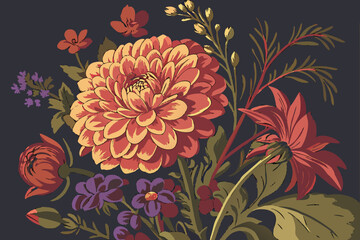 Vibrant dahlia and floral arrangement on dark background