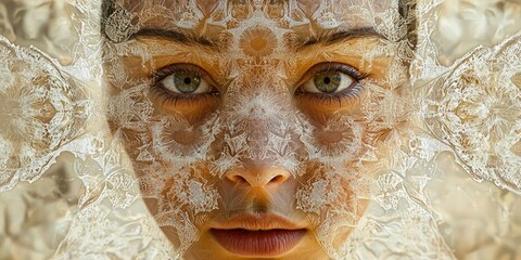 A surreal portrait where a human face morphs into a kaleidoscopic pattern