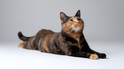 A graceful tortoiseshell cat lying down and looking up on a white background