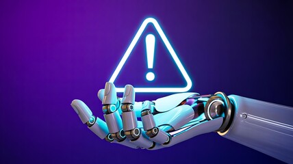 Robot hand holding glowing warning sign with exclamation mark for artificial intelligence alert concept
