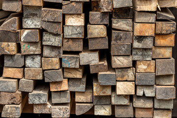 Pile of weathered wooden planks, stacked high and ready for use in construction or carpentry....