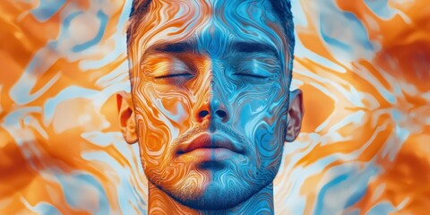 A surreal portrait where a human face morphs into a kaleidoscopic pattern