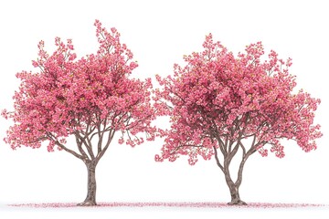 Two cherry blossom trees with pink flowers in full bloom against a white background