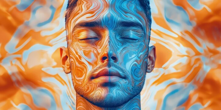 A surreal portrait where a human face morphs into a kaleidoscopic pattern