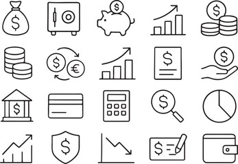 Financial icons money safe piggy bank credit card calculator