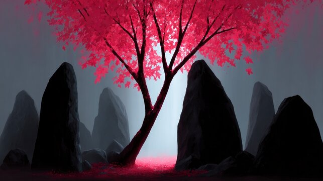 Minimalist scene with a dark tree featuring vibrant pink leaves surrounded by monolithic stones and scattered foliage