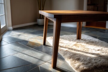 Workspace with stone tile floor, black walnut desk in spotlight pool, soft shadows on textured rug, warm grading with
