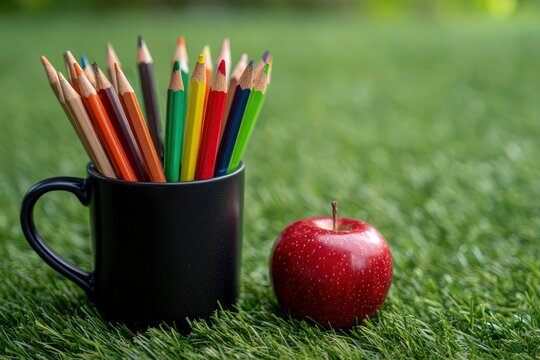 A black mug filled with colored pencils rests beside a red apple on green grass