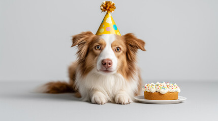 Cute dog wearing a party hat celebrating a birthday with a cake
