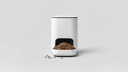 Minimalist white automatic pet feeder with kibble on a light background