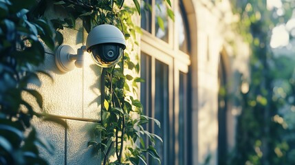 Outdoor home security camera system for property surveillance and safety with garden view and natural light silhouette