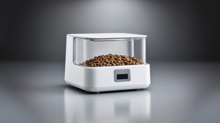 Smart automatic pet feeder with an LCD screen on a dark reflective background