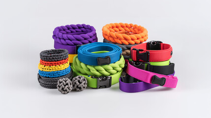 A vibrant collection of colorful dog and pet collars stacked on a white background
