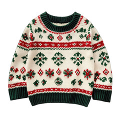 Cream-colored children's Christmas sweater with a green and red fair isle pattern featuring snowflakes and geometric designs.  Ribbed neckline and cuffs