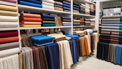 Obraz premium A vibrant collection of fabric rolls neatly arranged on shelves in a textile store, showcasing a variety of colors and textures.