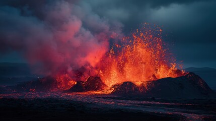 Fototapeta premium Volcanic Eruption At Night Fiery Lava Flow And Smoke