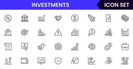 Investments vector line icons featuring stocks, graphs, portfolios, growth, returns, money, assets, finance apps, risk analysis, and savings.