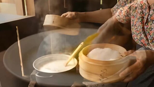 Steaming Rice: Traditional Cooking Method with Wooden Steamer and Open Fire