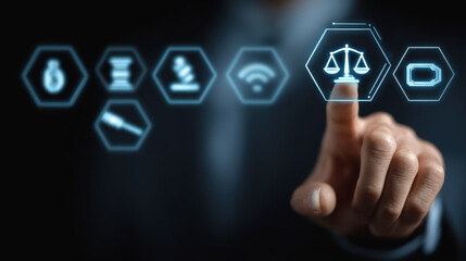 Digital scales symbolizing justice are highlighted as legal consultant interacts with technology, showcasing modern legal services