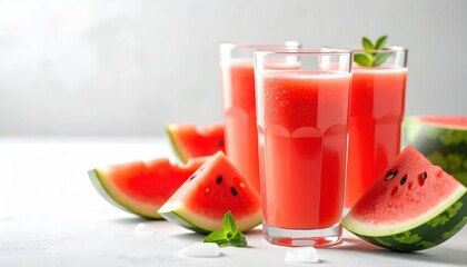 Fresh watermelon juice in glasses with watermelon slices and mint leaves, perfect for summer refreshment.
