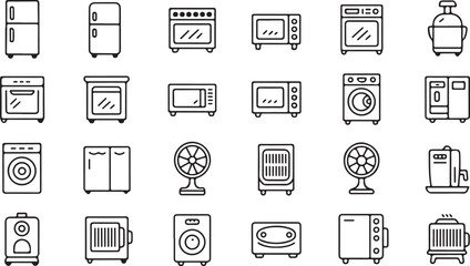 Kitchen appliances and home electronics line art icons