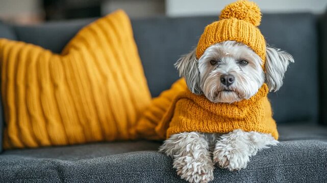 Adorable Dog in Yellow Winter Outfit with Resting on Couch at Home Cozy  Warm.