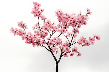 Blooming Cherry Tree Branch with Delicate Pink Flowers Against a Clean White Background