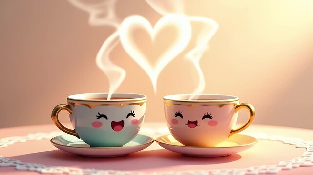 Two smiling 3D cartoon teacups with steam forming a heart above them, sitting close on a pastel pink table with soft shadows and warm glowing background.
