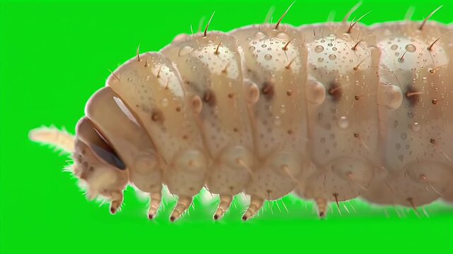 Detailed Macro Close-Up of a Pale, Segmented Insect Larva or Caterpillar Crawling on a Bright Green Screen Background, Ideal for Compositing and VF...