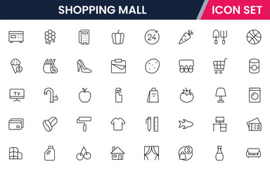 Shopping mall vector line icons featuring shopping carts, aisles, products, shelves, checkout counters, baskets, discounts, groceries, and customer service elements.