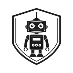 Naklejka premium Robot mascot with square head in shield badge emblem silhouette vector illustration