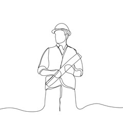 One continuous line drawing of man engineer controlling the construction of building. Building architecture business concept. Single line draw vector graphic design illustration.