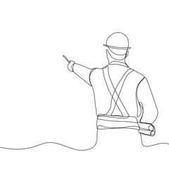 One continuous line drawing of man engineer controlling the construction of building. Building architecture business concept. Single line draw vector graphic design illustration.