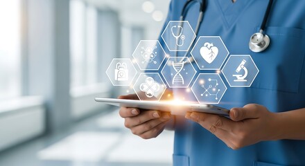 Doctor uses digital tablet to access futuristic medical data and health icons