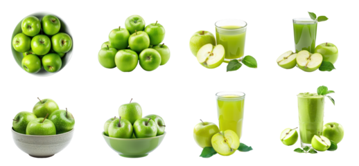 Collection of Green Apple and juice front view isolate on transparency background