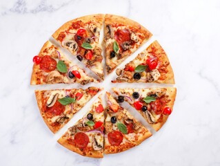 pizza on a white background, top view