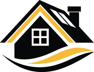 Modern house silhouette with golden roof accents © Graphics Dot