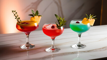 Assorted bright cocktails served in stylish glasses on marble surface, top-down view