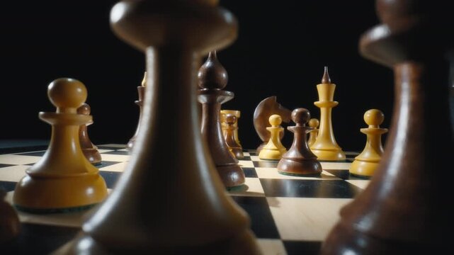 Vintage chess pieces on a chessboard