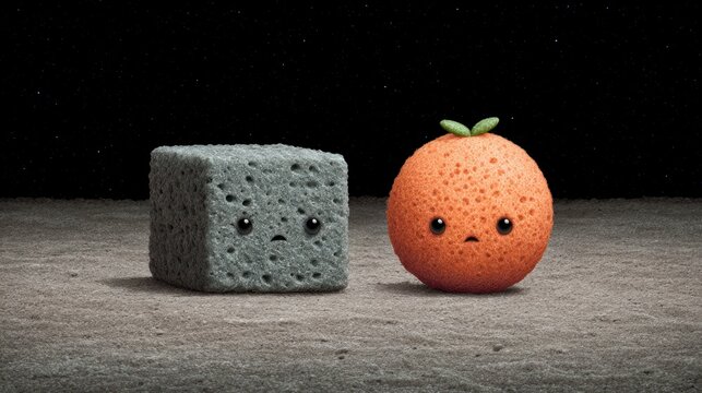 Sad cartoon grey sponge and orange sitting on moon surface with stars background