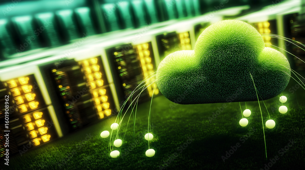 Aufkleber a digital cloud icon hovers in front of server racks, symbolizing cloud computing and data transfer 