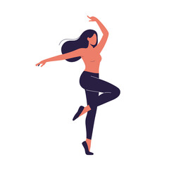 Woman dancing gracefully with one leg raised and arms extended  