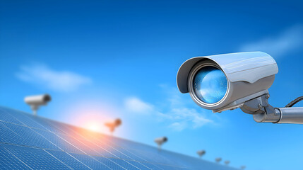 A close-up of a security camera overlooking solar panels under a clear blue sky, symbolizing surveillance and renewable energy technologies.