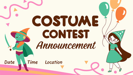 Obraz premium Illustration of costume contest announcement with cartoon characters and balloons on a light background