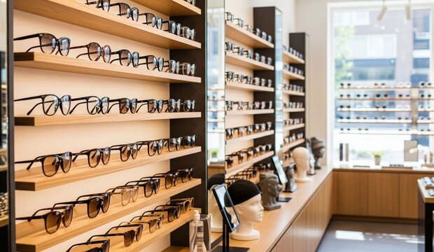 optical frames on display on the shelves in optic shop 