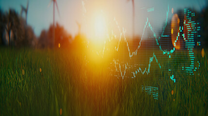 Sunset over a green field with wind turbines and digital data overlays symbolizing renewable energy and technology integration.